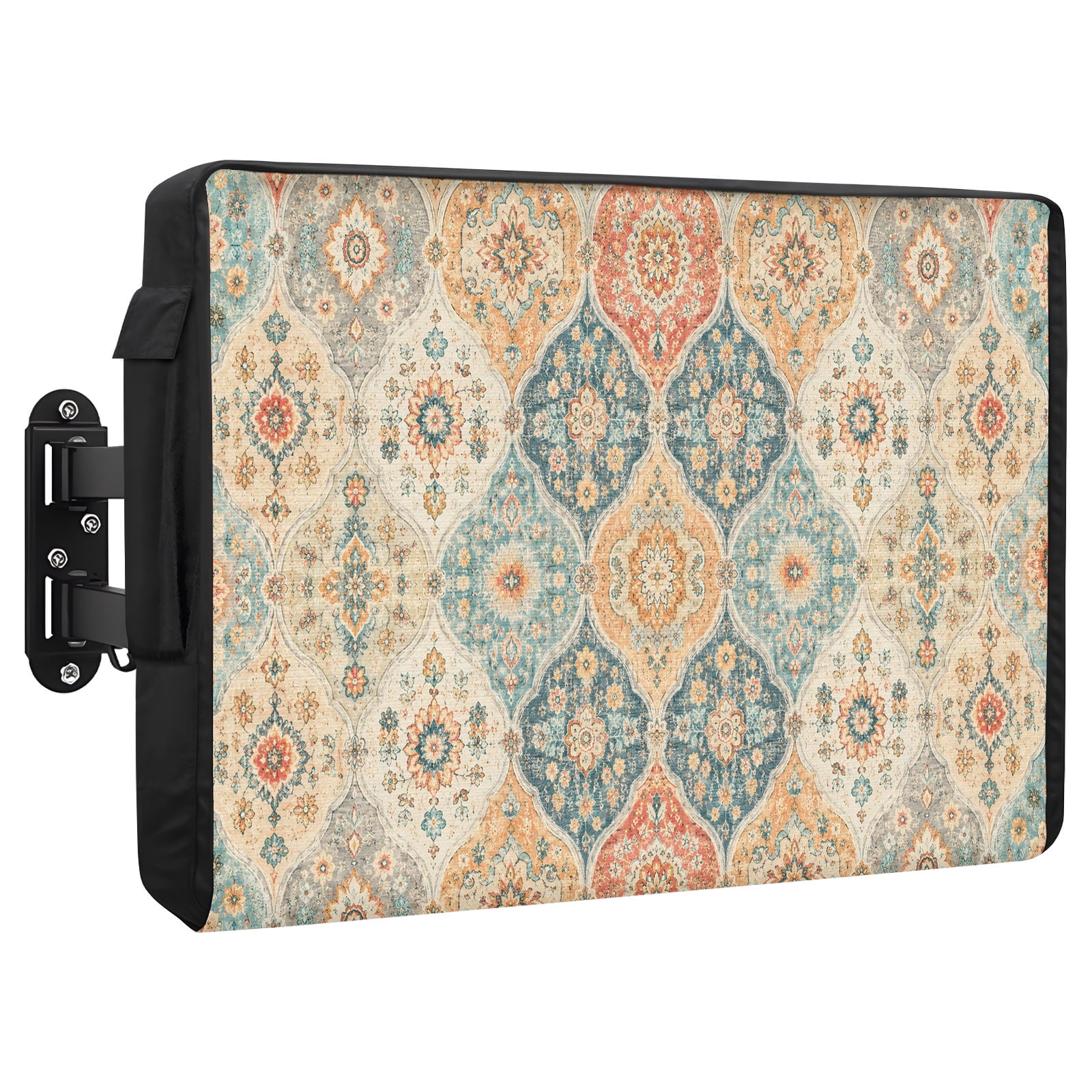 Damask Medallion Waterproof Outdoor TV Cover Boho Vintage Orange Blue Beige Flower Pattern Outside Weatherproof TV Enclosures for 48 to 50 Inch LCD Television Shield Flat Screen Protectors