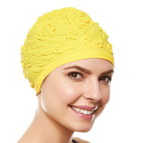 BEEMO Women Swim Bathing Caps Ladies Retro Style Latex Embossed- Yellow -  Walmart.com