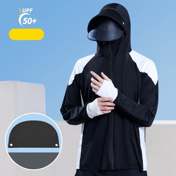 Xdegoge Men's UPF 50  Sun Protection Jacket with Detachable Lens Visor Long Sleeve Zip Up Face Cover Cooling Fishing Cycling Coats