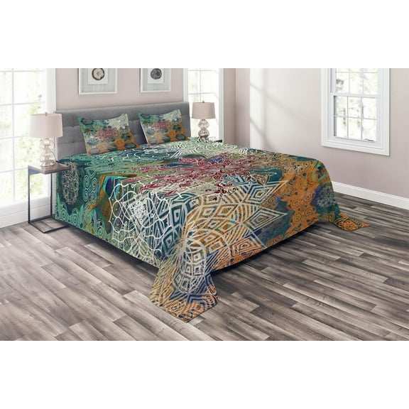 Ethnic Coverlet Set Queen Size, Vintage Style Asian Oriental Composition with Mandala Flowers and Peacock Feathers, Quilted 3 Piece Decor Bedspread Set with 2 Pillow Shams, Multicolor, by Ambesonne