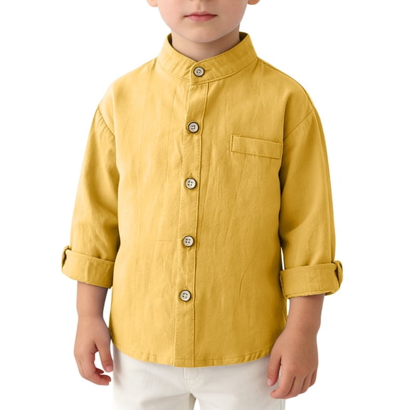 EnJoCho Boys Button Down Shirt Long Sleeve Kids Little Boy Cotton Linen Shirt Button Down Long Sleeve Shirts Boys Dress Shirts with One Pocket
