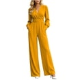 thumbnail image 2 of Sunnin Womens Jumpsuit Solid Color V Neck Long Sleeve Zip Pleated Waist Wide Leg Lounge Wear, 2 of 6