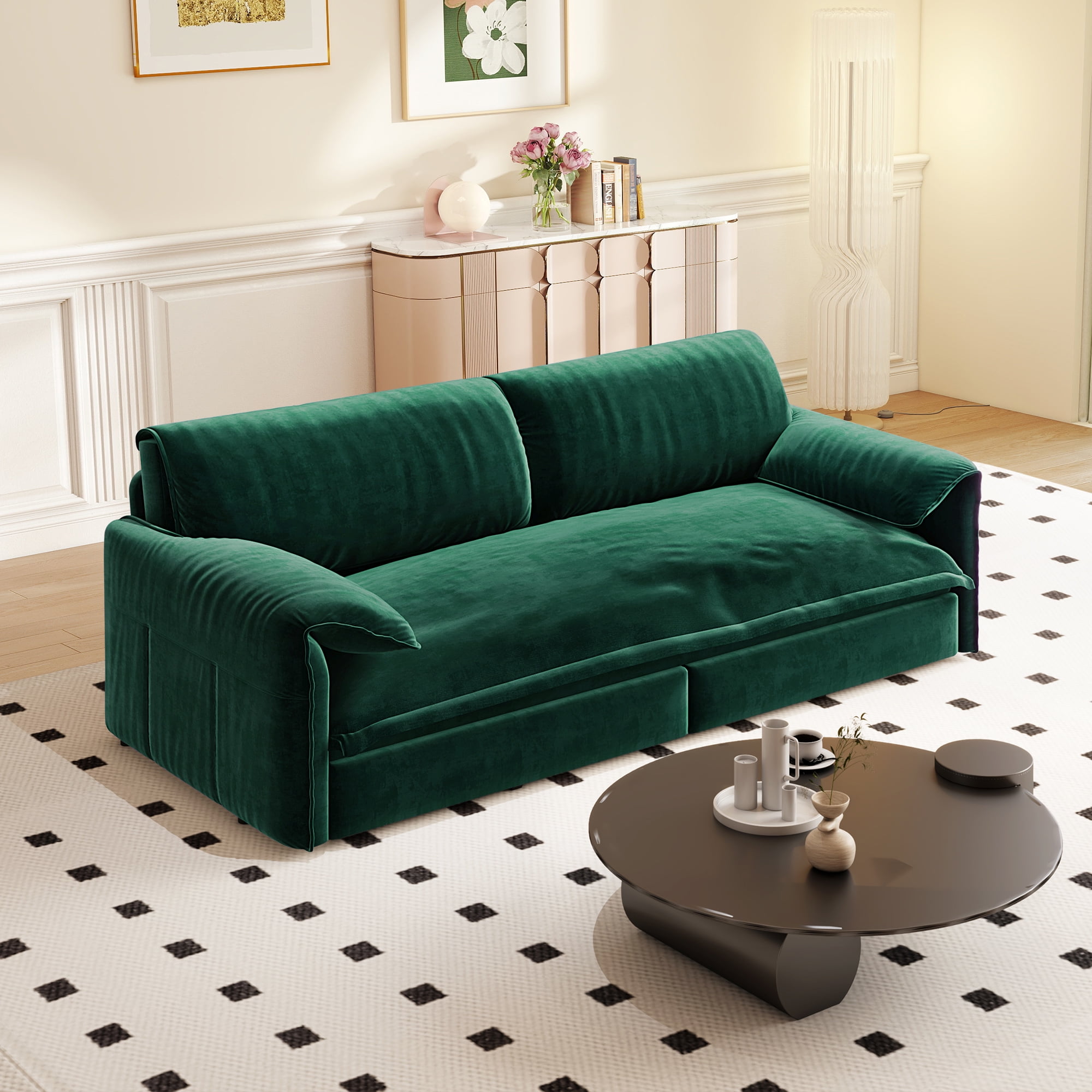 Timbernest 66" Futon Sofa Bed, 3 in 1 Convertible Sleeper Sofa Queen Size with Side Storage, Velvet Pull Out Sofa Bed, Green
