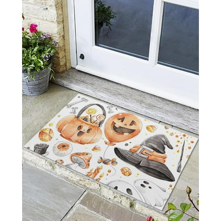

Indoor Outdoor Mats Halloween Elements Pumpkin Ghosts and Skeletons Door Mat Non-Slip Absorbent Resist Dirt Entrance Mat Washable Welcome Mats for Entryway Low-Profile Floor Mats
