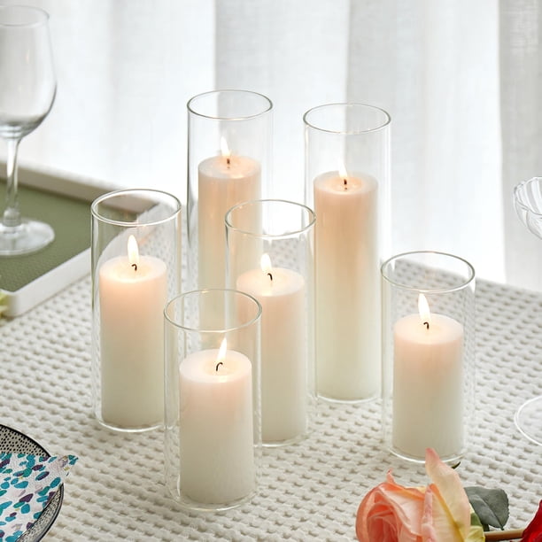 Juego de 6 velas pilar blancas con portavelas de vidrio transparente