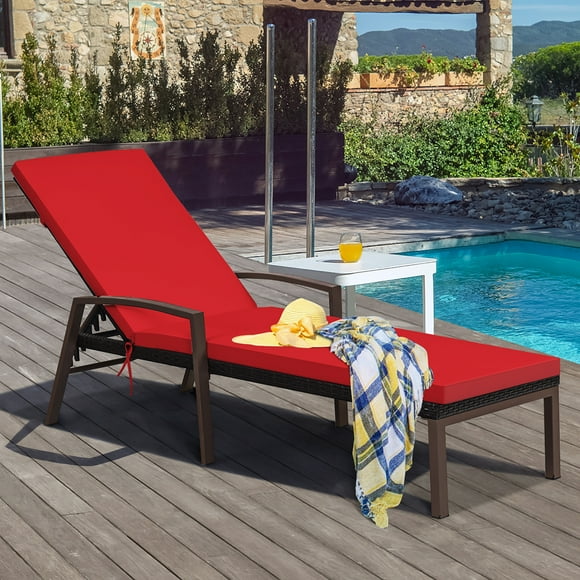 Costway Patio Rattan Lounge Chair Chaise Recliner Back Adjustable Cushioned Garden Red