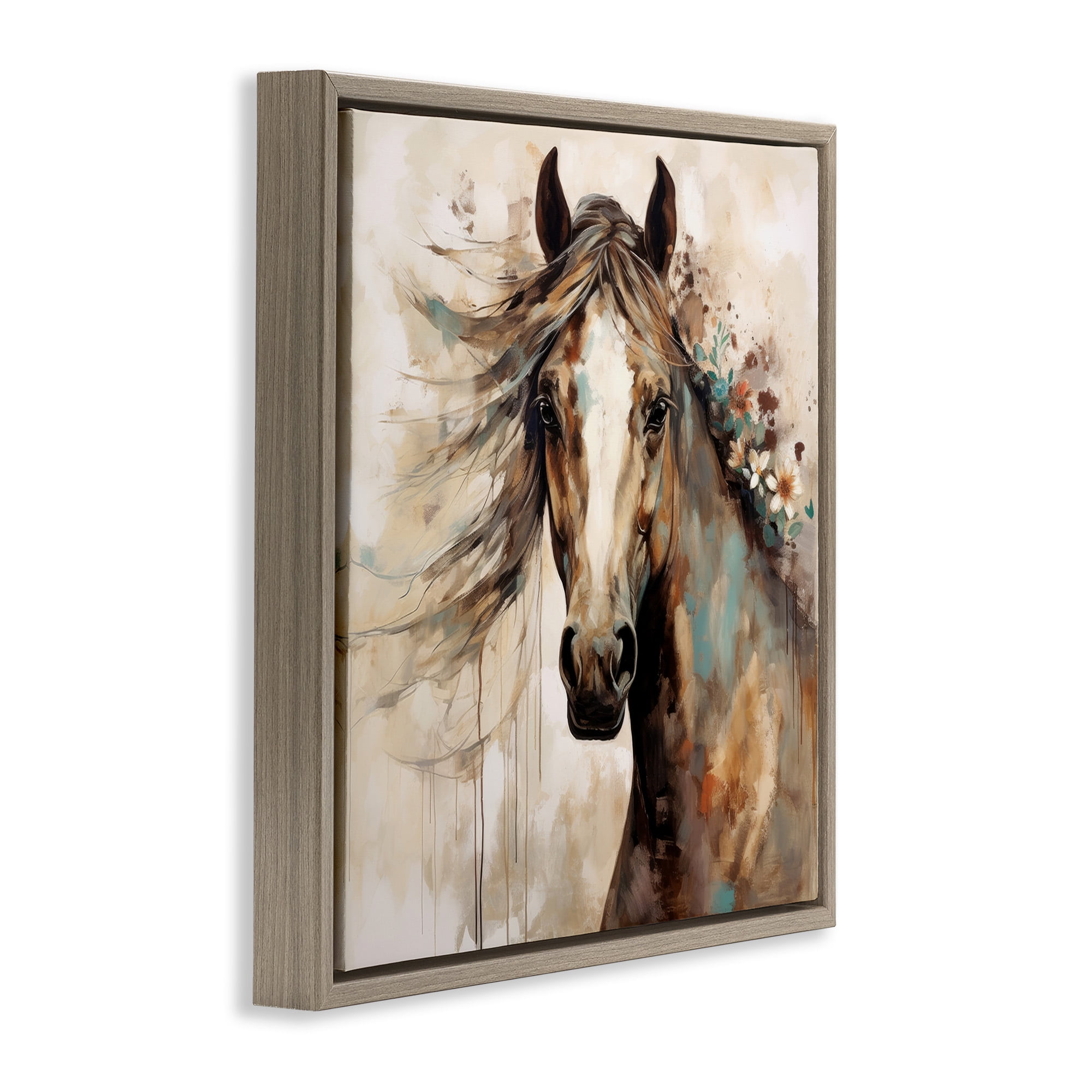 Stupell Industries Brown Horse with Florals Animals & Insects Painting Brown Floater Framed Canvas Art Print Wall Art, 25 x 25