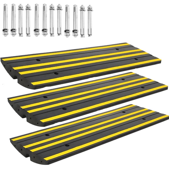 3-Pack 48" Heavy Duty Rubber Curb Ramps with Drainage Channels, Low Profile Driveway & Sidewalk Ramps with Reflective Strips for Cars, Trucks