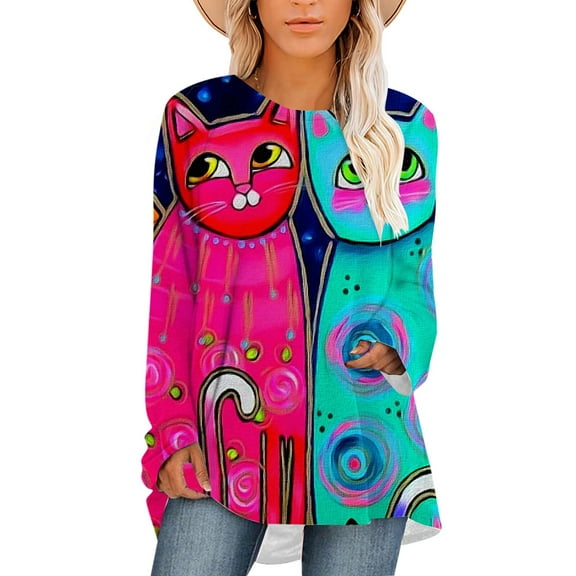 CLOOCL Women Crew Neck Shirts Harajuku Cats Painting Printed T-Shirts Scoop Hem Top Oversized