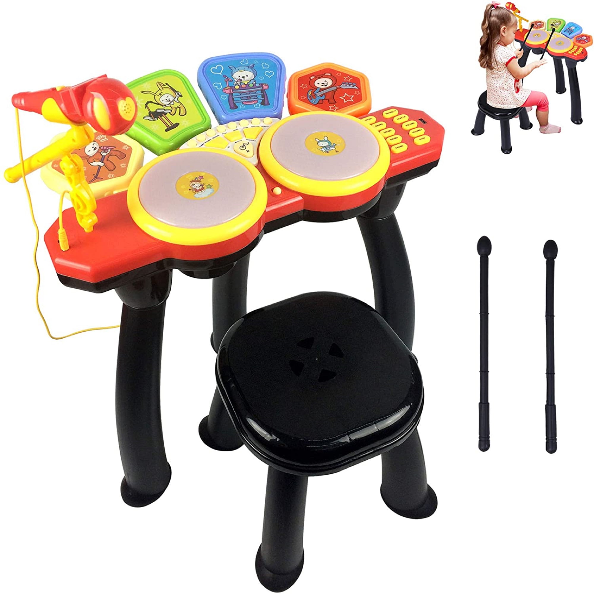 KARMAS PRODUCT Kids Electronic Toy Drum Set with 1 Stool, Adjustable