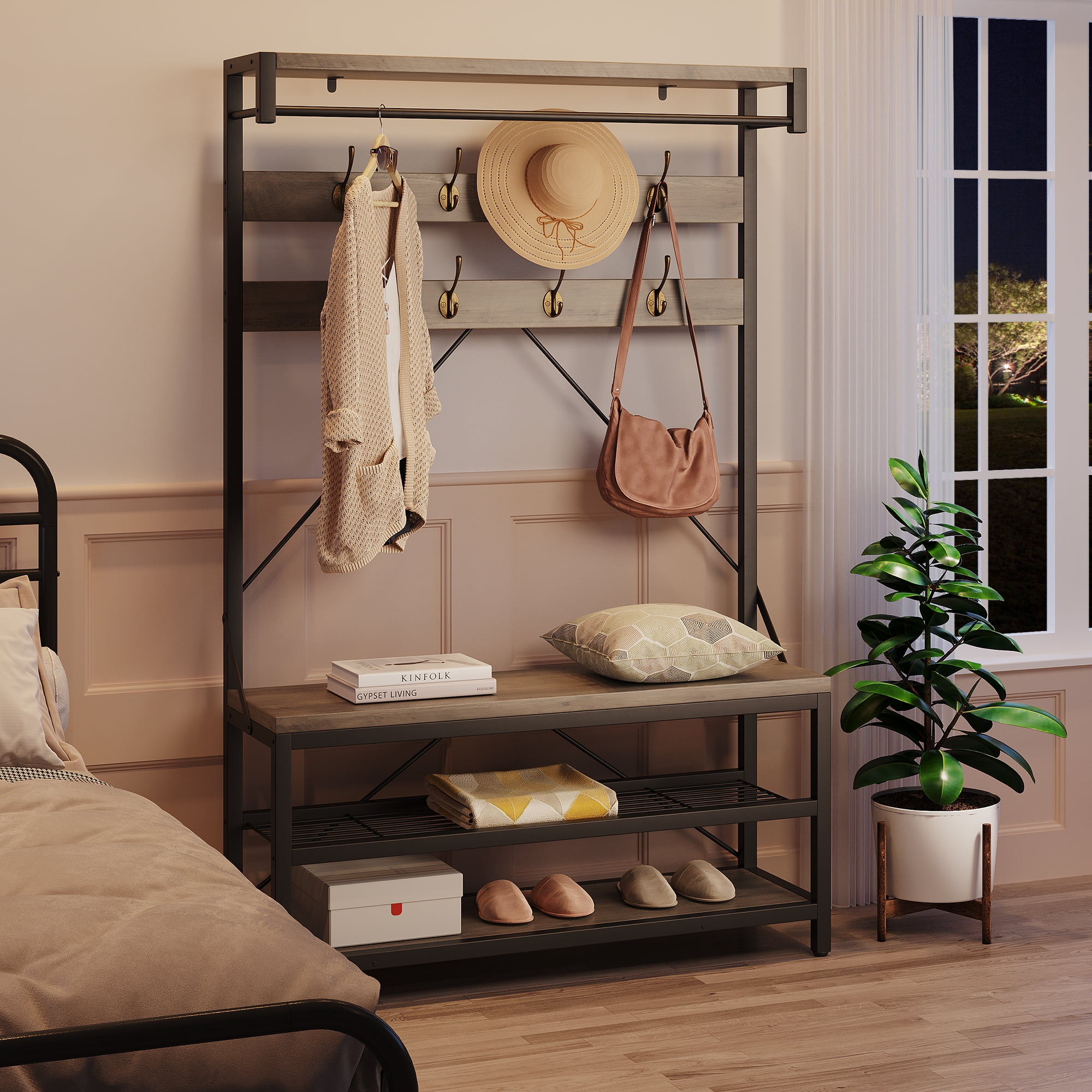 EastVita Coat Rack Shoe Bench Industrial Hall Tree Storage Bench for Entryway Wood Look Accent Large Shoe Rack Bench with Storage Shelf Hanging Bar,8 Hooks Grey 39.9"x15.7"x72"