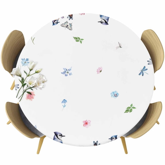 Round Table Cover 55-60 Inch Spring Floral Waterproof Reusable Table Cloth Round Fitted Vinyl Tablecloth with Elastic Edged for Parties Outdoors, Watercolor Flower Butterflies Birds Plant