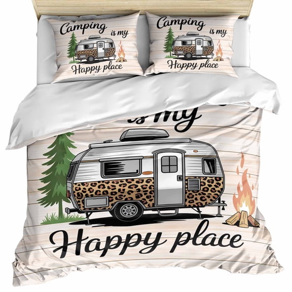 Camper Van Bedding 3 Piece Duvet Cover Set California King, Modern Vintage Camping Beige Wooden Soft Microfiber Comforter Cover with Zipper Closure & Pillowcases, Wrinkle & FadeResistant Quilt Cover