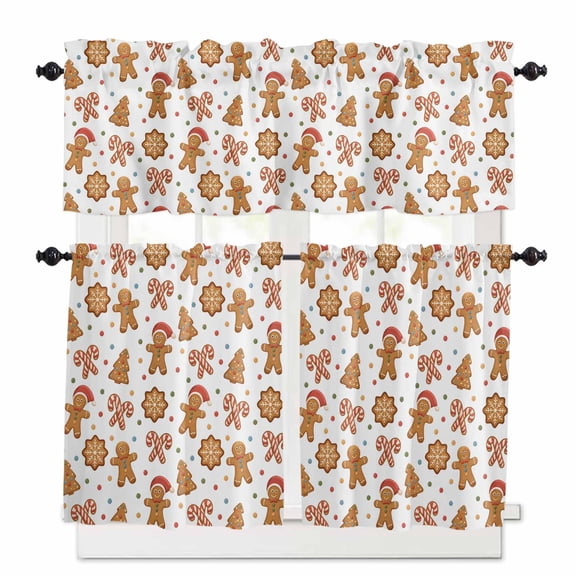 Cute Gingerbread Man Kitchen Curtains and Valances Set, Christmas Tree Cane Candy Food Winter Rod Pocket Window Valance Window Curtain Panels for Living Room Bedroom Laundry, 27.5x24in, 3 Pieces