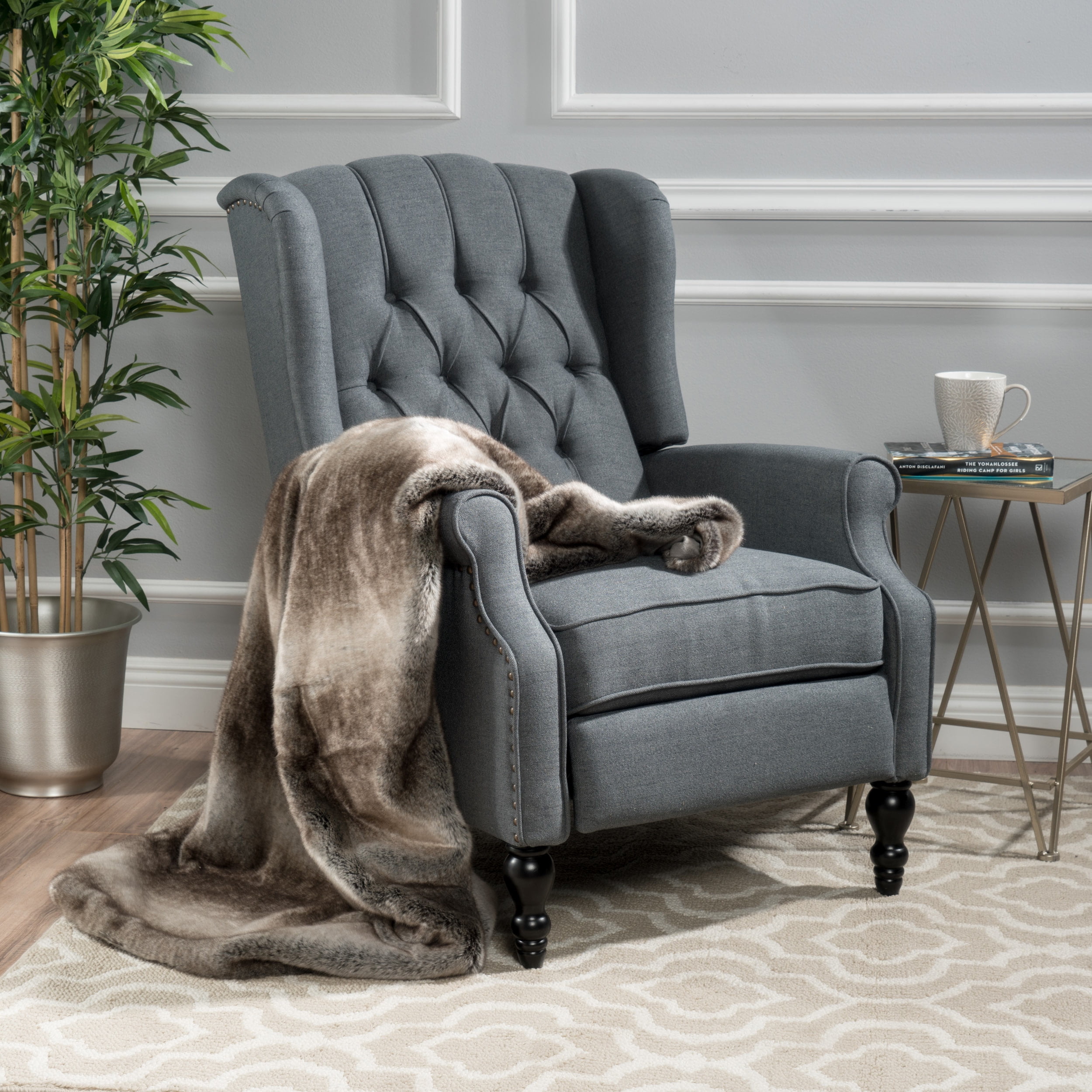 GDF Studio Elizabeth Contemporary Tufted Wingback Pushback Recliner, Charcoal and Dark Brown