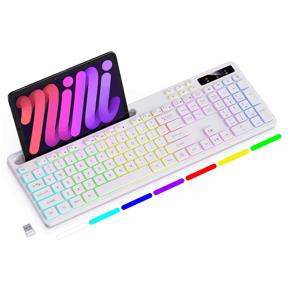Wireless Keyboard with 7-Color RGB Backlit, Marvo Full-Size Computer Keyboard with Phone Tablet Holder, Rechargeable 2.4G Wireless Gaming Keyboard with Light up Keys, Compatible with Mac,Window,White