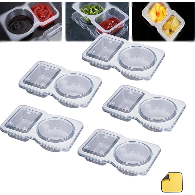 Contenants à Collation Réutilisables à Emporter, Contenant à Condiments à Double Compartiment avec Couvercles, Contenants à Collation pour Noix, pour Sauce à Emporter, Échantillonnage, Collation de Voyage (5 Pcs)