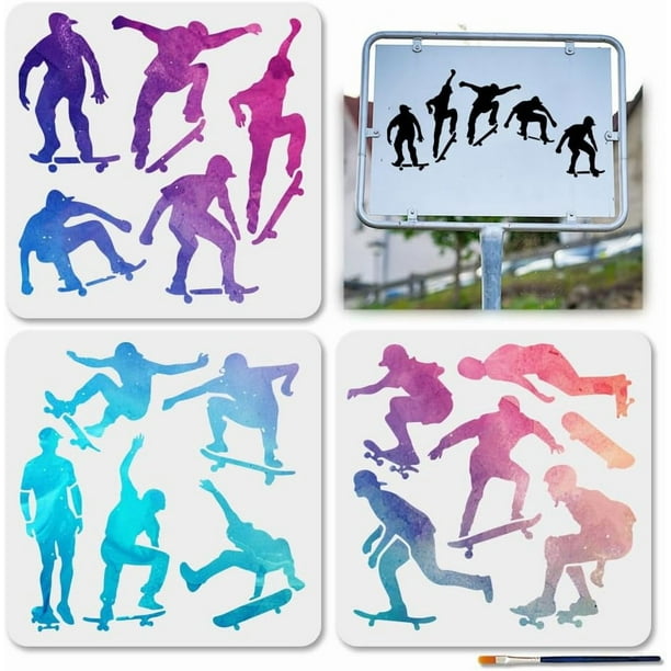 Juego de 3 plantillas para pintar poses de skate (30 x 30 cm) con pincel. Reutilizables. Ideales para aficionados al skate.
