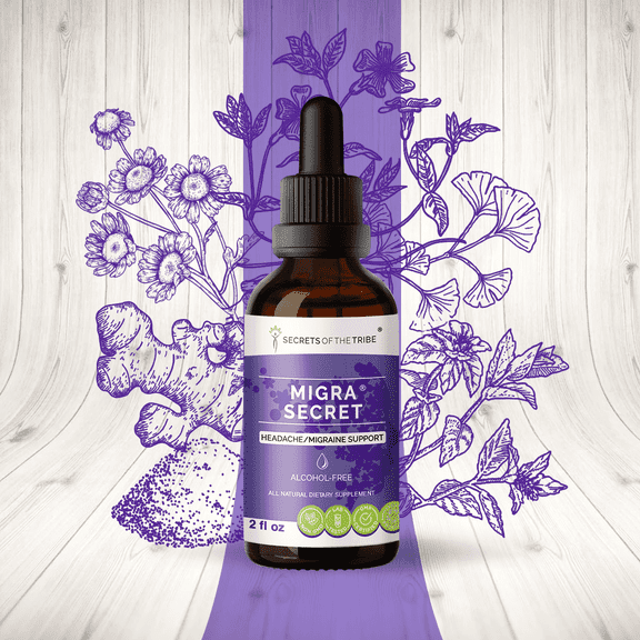 Secrets Of The Tribe Migra Secret Blend Tincture Dietary Supplement, Natural Extract, Made from Feverfew, Ginger, Periwinkle, Ginkgo, Peppermint 2 oz