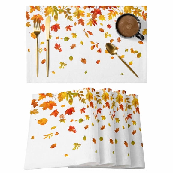 Orange Maple Leaves Fall Placemats Set of 8 Thanksgiving Farmhouse Art Place Mats Indoor Wipeable Table Mats Washable Cloth Dining Table Placemats for Kitchen Holiday Party Home Decor 13x19 Inch