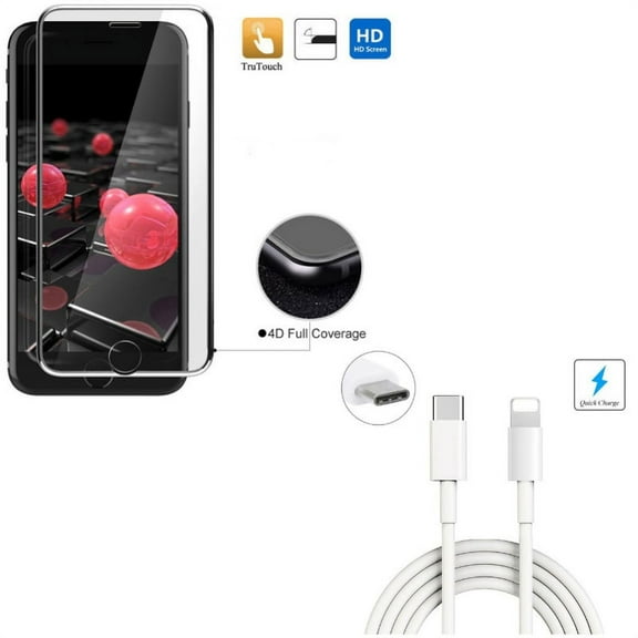 iPhone 8/7/6S/6 - Tempered Glass Screen Protector w 6ft USB Cable - 4D Touch Curved Edge Full Cover Bubble Free Soft Edge Hybrid, Type-C to iPhone Charger Power Cord Sync for iPhone 8/7/6S/6