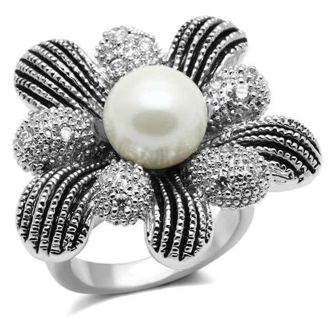Alamode 3W294-9 Women Rhodium Brass Ring with Synthetic in White - Size 9