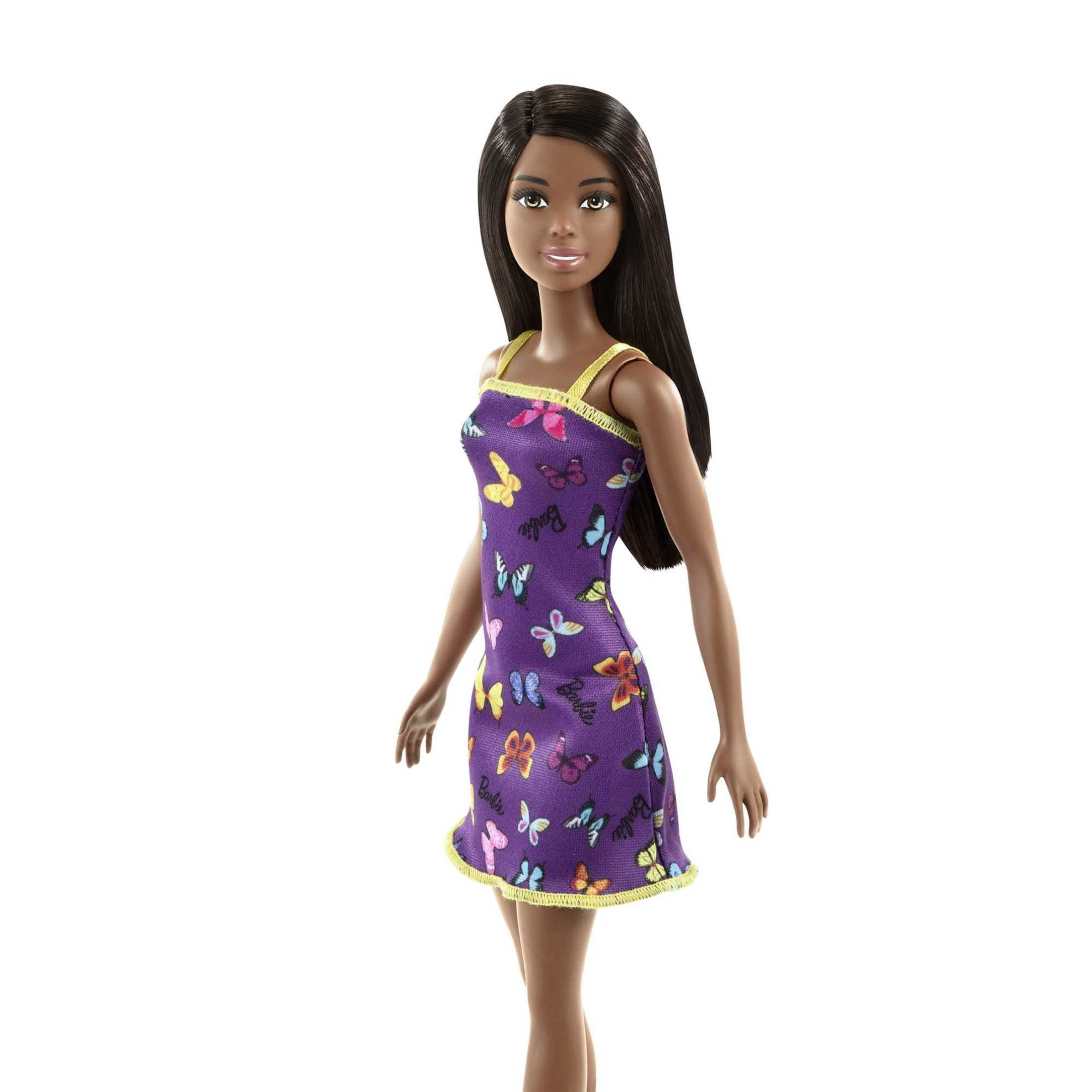 Barbie Fashion Doll with Black Hair Dressed in Colorful Butterfly Print Dress & Strappy Heels, 11 in
