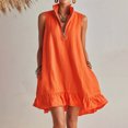 thumbnail image 2 of longantii Womens Swimsuit Cover Up Shirt Notched V Neck Front Zip Up Coverups Sleeveless Ruffle Hem Beach Vacation Mini Sun Dress Saffron XL, 2 of 4