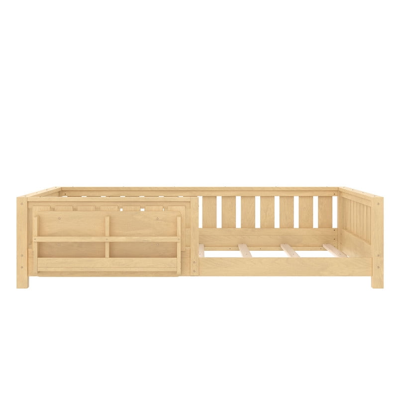 Bellemave Queen Size Floor Bed with Bookshelf, Wood Montessori Beds with Slats and Safety Guardrail, Low Profile Queen Bed Frame with Fence, No Box Spring Needed (Light Natural)