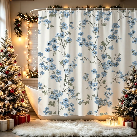 Blue Wildflower Branch 2D Printed Shower Curtain (70.8x70.8inch), Thin Blue Wildflower Twig Clean Minimalist Modern Bathroom Decor