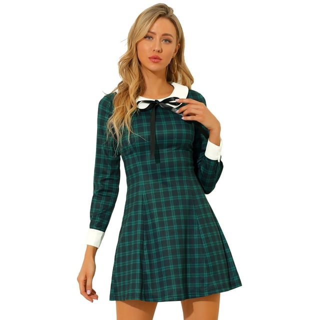 INSPIRE CHIC Robe à Carreaux à Manches Longues Col Peter Pan Contrasté pour Femmes