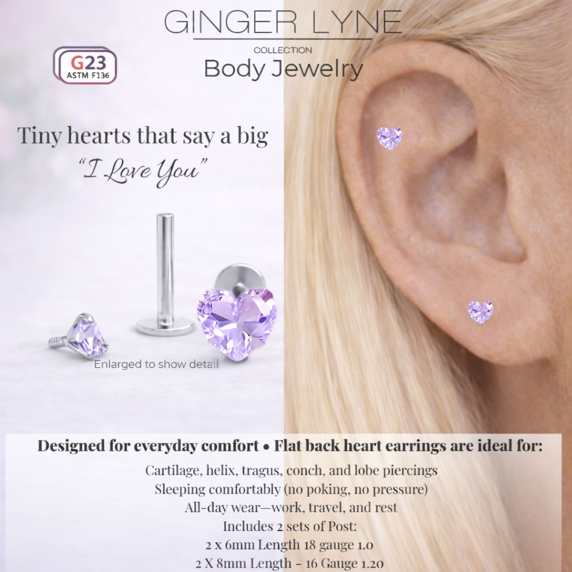 Small Heart CZ Solitaire Flat Back Stud Earrings Body Piercings by Ginger Lyne 2 Sets Post 6mm 8mm Included