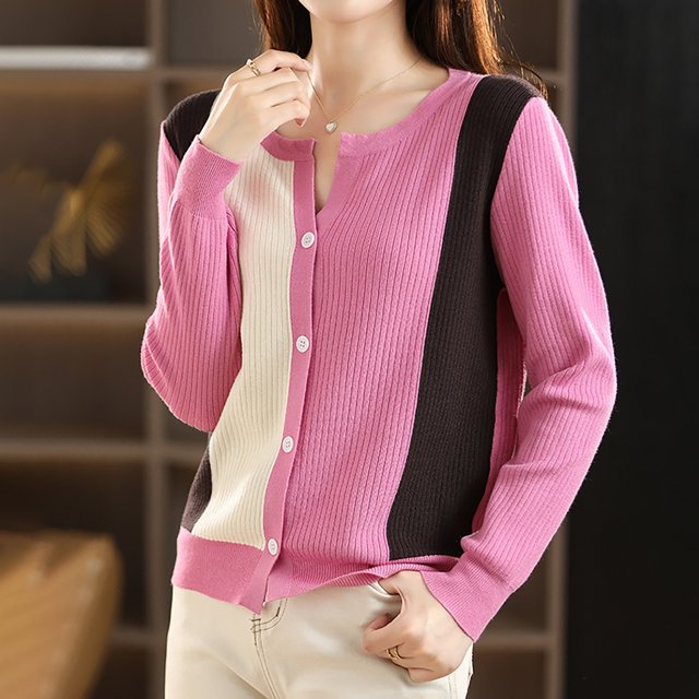 TINZ Color Blocked Ribbed Round Neck Cardigan Women plus Sweaters Long Knitted Sweaters for Women Cabin Sweaters for Women
