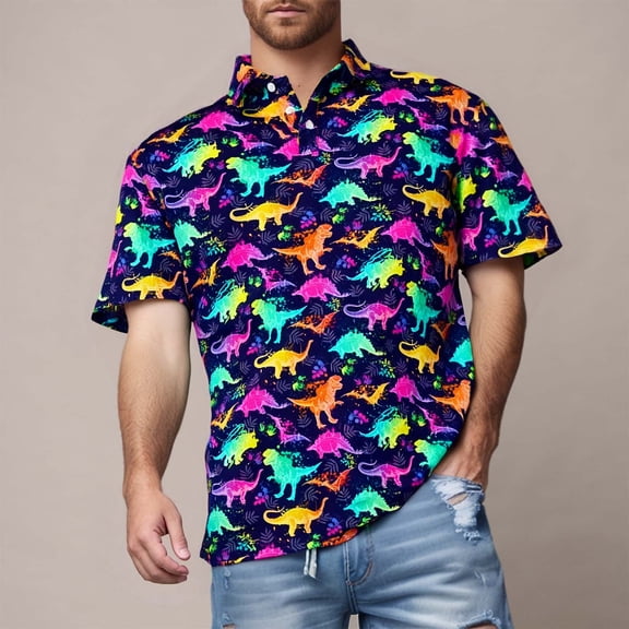 Mens Polo Shirt Dinosaur Print Button Up Collar Performance Short Sleeve Graphic Golf Moisture Wicking Purple Mens Shirts