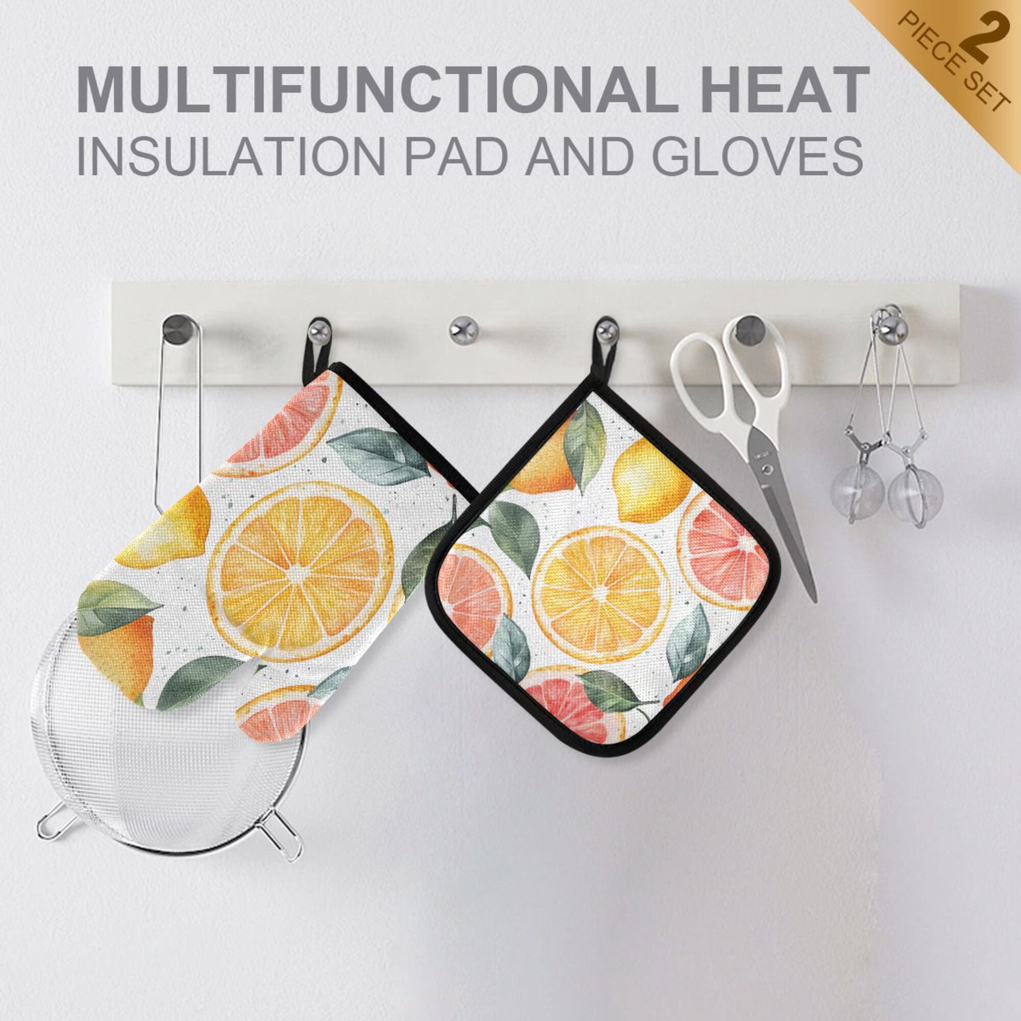 Yayeee Oven Mitts and Pot Holder Set of 4 Heat Resistant Kitchen Gloves Baking Hot Pad, Candy Lemon Slices