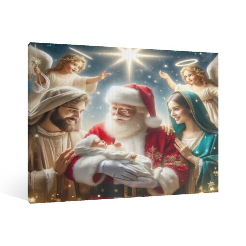 Vintage Christmas Santa Claus，Jesus Nativity Wall Art Paint Framed - Retro Xmas Festive Winter Holiday Christmas Wall Decor Canvas Print for Living Room Kitchen Bathroom Home Bedroom Decor