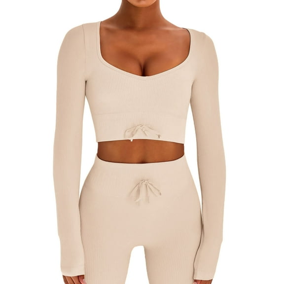 Women Drawstring Workout Sets Seamless Long Sleeve Top Ribbed High Waist Leggings Casual Outfit Tracksuit Orange S