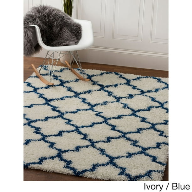 Super Area Rugs, Cozy Plush White & Blue Trellis Shag Rug, 3' 2" x 5