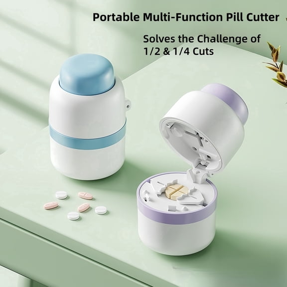 Pill Cutter and Grinder Combo, 4-in-1 Tablet Splitter Pulverizer with Drinking Cup & Storage Box, Portable Medicine Slicer, Blue