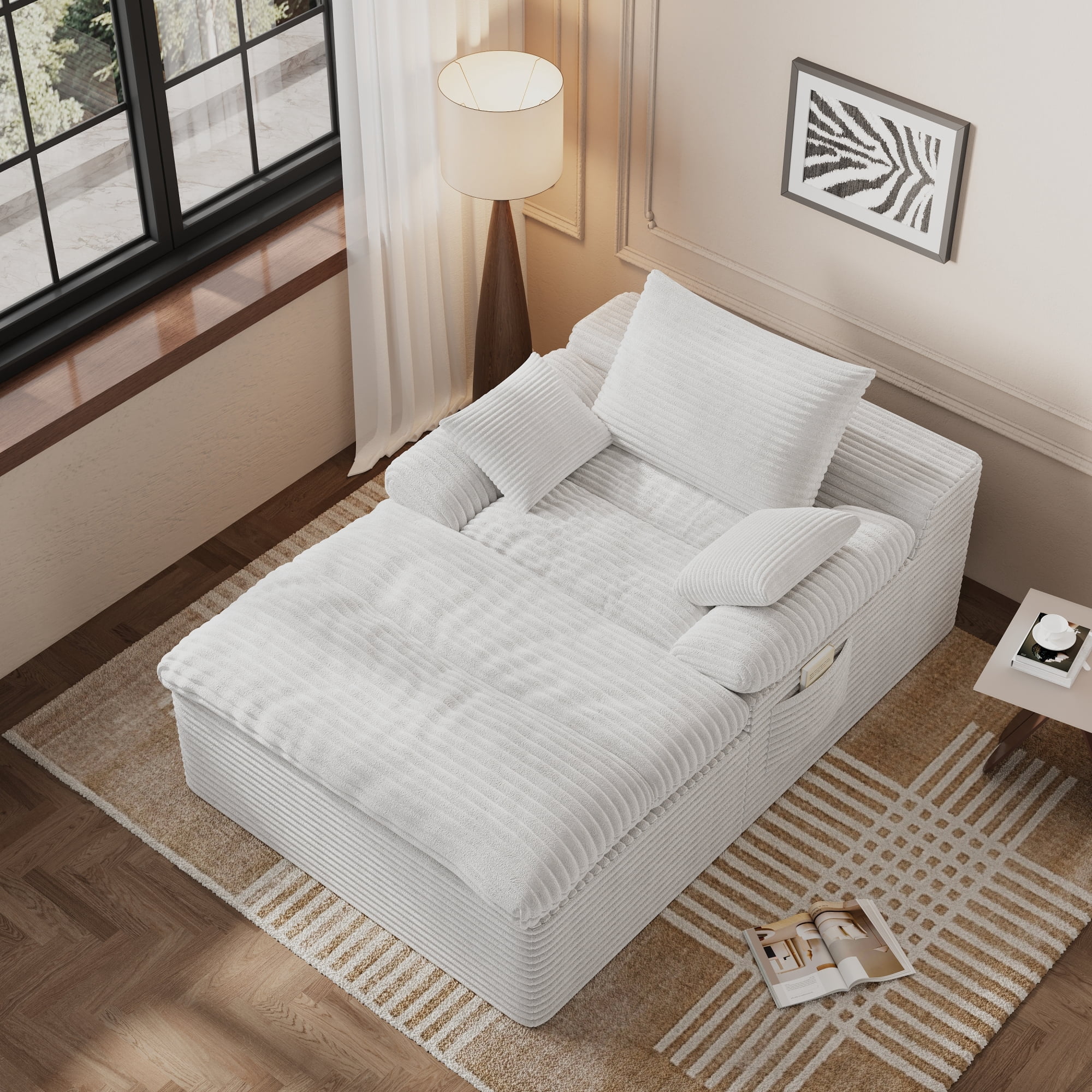 HOQBN 65" Chaise Lounge Chair Indoor,Oversized Boneless Sofa Bed with 3 Pillows,Cloud Reading Chair for Living Room Bedroom, Deep Seat Sleeper Couch, No Assembly Required,Cream White