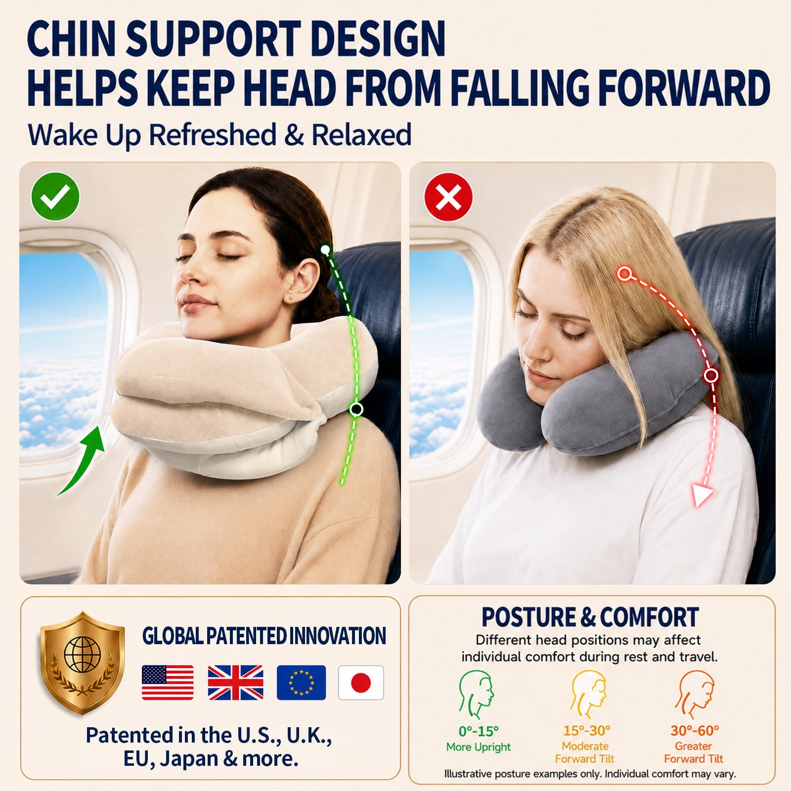 BUYUE Travel Neck Pillows for Airplanes, 360° Head Support Sleep for Long Flight, Skin-Friendly & Breathable, Kit with 3D Contoured Eye Mask, Earplugs and Storage Bag (Adult, Beige, 90+ lbs)