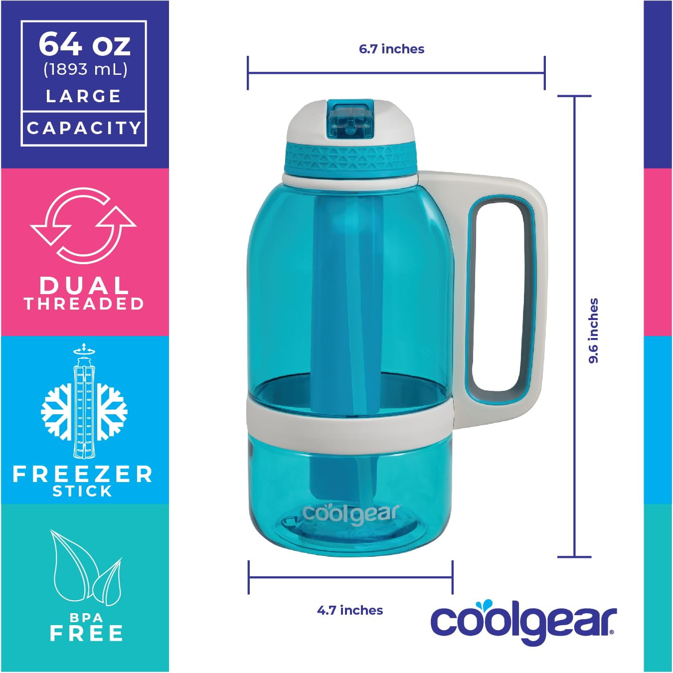 COOL GEAR 2-Pack 64 oz System Sports Water Bottle with Freezer Stick and Handle | Durable, Shatter Resistant Tritan™ Material - Purple/Pink
