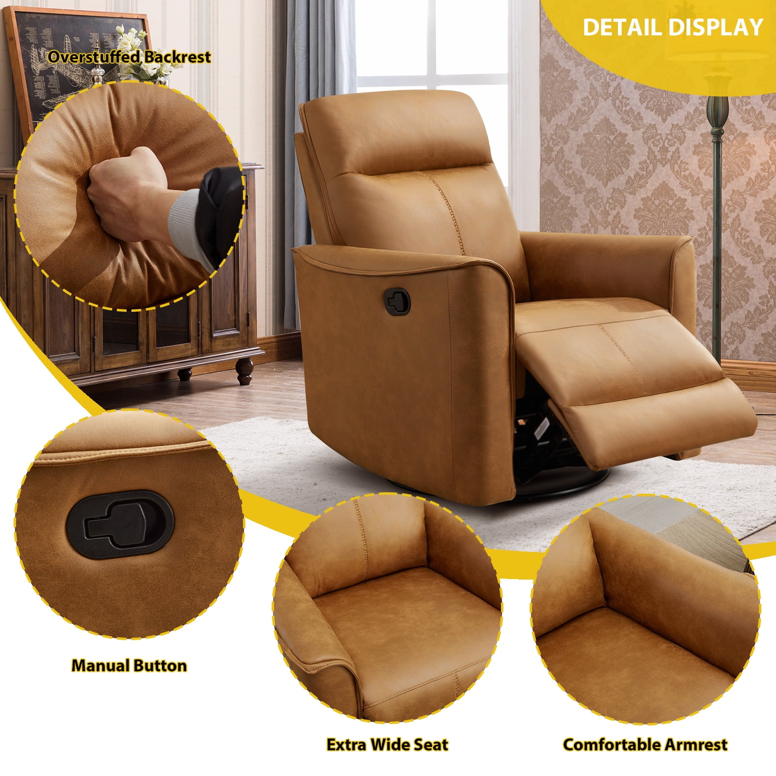Bonzy Home PU Leather Swivel Rocker Recliner, 360 Degree Swivel Rocking Chair with Soft Backrest for Living Room, Bedroom and Office,Brown