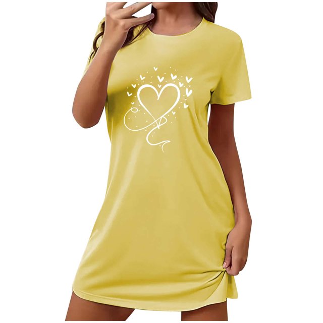 Chemises de Nuit pour Femmes, Douce Confortable Légère à Manches Courtes Robe de Nuit Confortable pour Dames à Imprimé Cœur Robes de Nuit pour Femmes Robe de Sommeil Jaune G