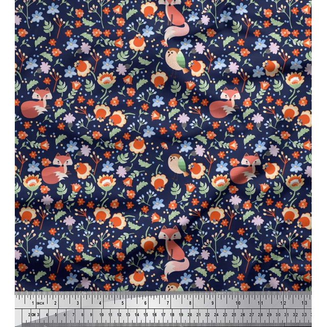 Soimoi Velvet Fabric Floral,Bird & Fox Cartoon Fabric Prints by Yard 58 Inch Wide
