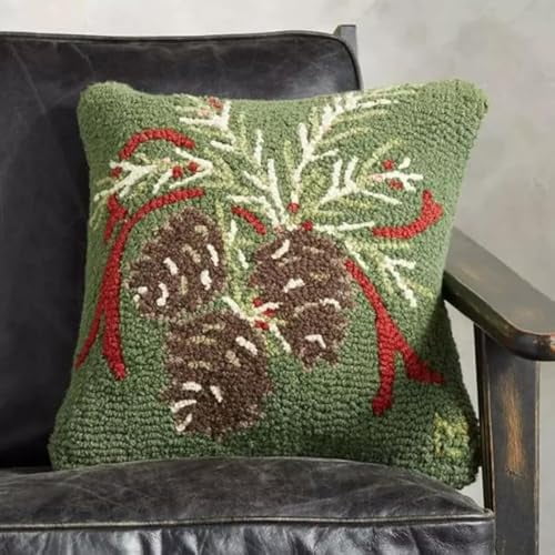 Pinecone Green Latch Hook Pillow Kit for Adults Throw Pillow Cover with Printed Canvas Crochet Hook Yarn Needle Craft DIY Handmade Cushion for Home Sofa Decoration 43x43cm