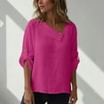 thumbnail image 4 of Olyvenn Women Cotton Linen Tops Causal Summer Shirts Rolled Sleeve Asymmetrical Neck T Shirts Solid Loose Blouses for Daily Hot Pink L, 4 of 9
