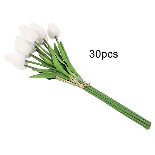 30Pcs Real touch Artificial Tulip Flower Fake Flower Gift for Home Room Wedding Decor(White)