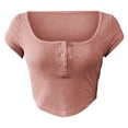 thumbnail image 3 of Wuxian Summer Tops For Women Solid Color Button Scoop Neck Short Sleeve Slim Fit Cropped Basic Tee Fashionable Casual Tight Crop Top Breathable Soft Cozy T-Shirts,RD2,S, 3 of 4