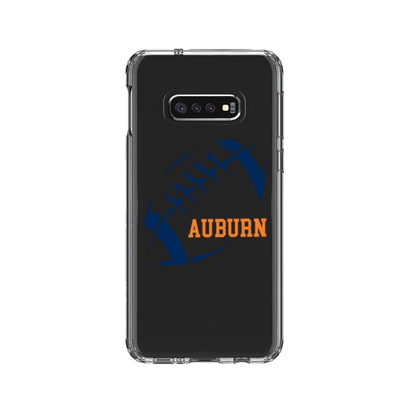 DistinctInk Clear Shockproof Hybrid Case for Samsung Galaxy S10e (5.8" Screen) - TPU Bumper, Acrylic Back, Tempered Glass Screen Protector - Auburn Football - Orange, Blue